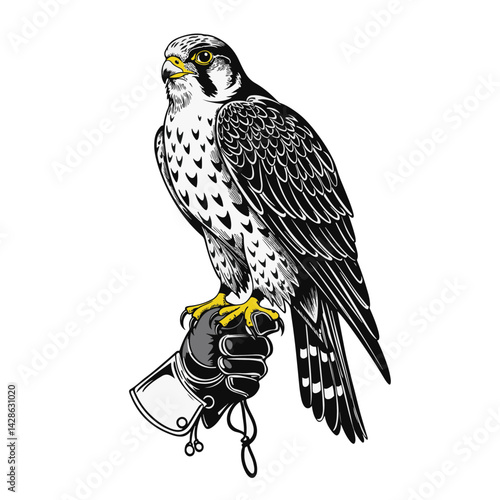 Falcon perched on a gloved hand in a traditional style  
