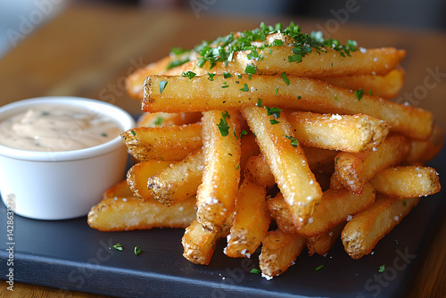 Obraz na płótnie Golden crinkle cut fries with a side of creamy dipping sauce w salonie