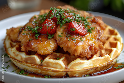 Golden crispy chicken served on waffles with maple syrup on top
