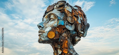 Sculpted Complexity: Upcycled Metal Figure Against a Textured Sky Backdrop
