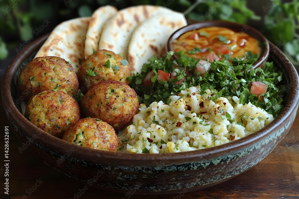 Golden falafel balls served with pita bread and tahini sauce