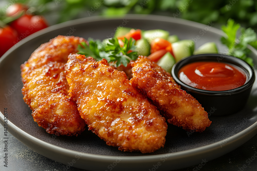 Golden fried chicken tenders served with a side of dipping sauce