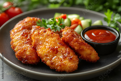 Obraz na płótnie Golden fried chicken tenders served with a side of dipping sauce w salonie