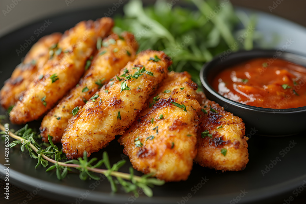 Golden fried chicken tenders served with a side of dipping sauce