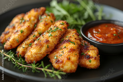 Obraz na płótnie Golden fried chicken tenders served with a side of dipping sauce w salonie