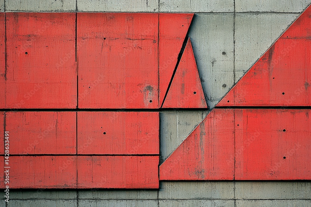 Abstract Wall Design with Geometric Red and Gray Concrete Shapes