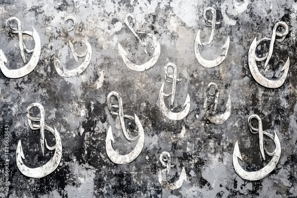 Abstract Wall with Multiple White Anchors on Dark Grungy Background