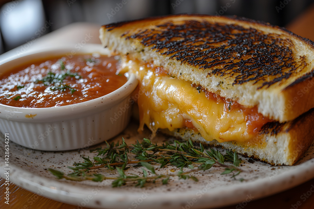 Golden grilled cheese sandwich with a side of tomato soup on a wooden table