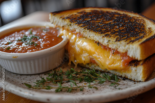 Obraz na płótnie Golden grilled cheese sandwich with a side of tomato soup on a wooden table w salonie