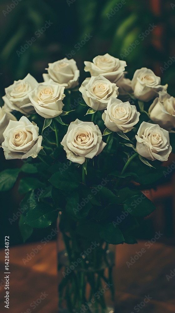 Fototapeta premium A bouquet of creamy white roses in a glass vase on a wooden table. The image evokes romance, elegance, and serenity.