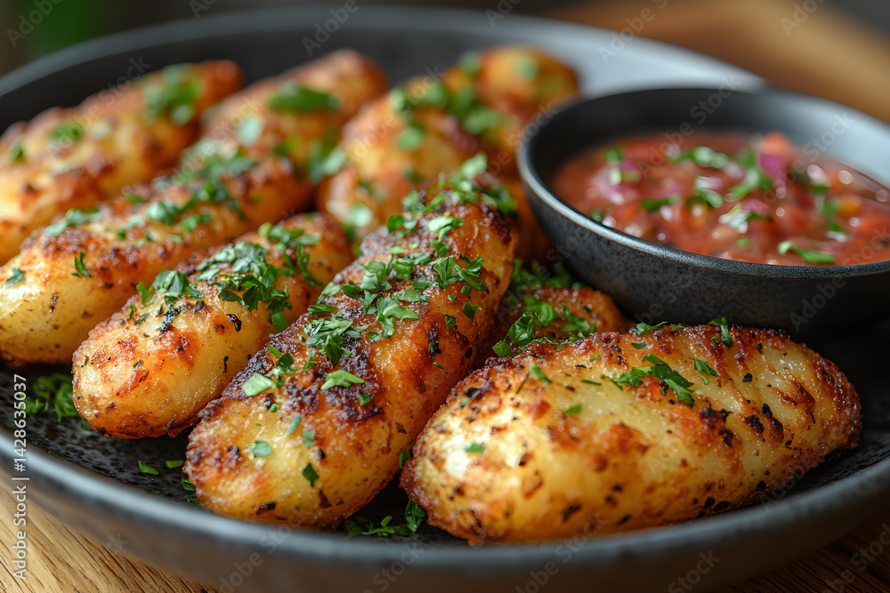 Golden potato wedges with a crispy exterior and soft inside, served with dip