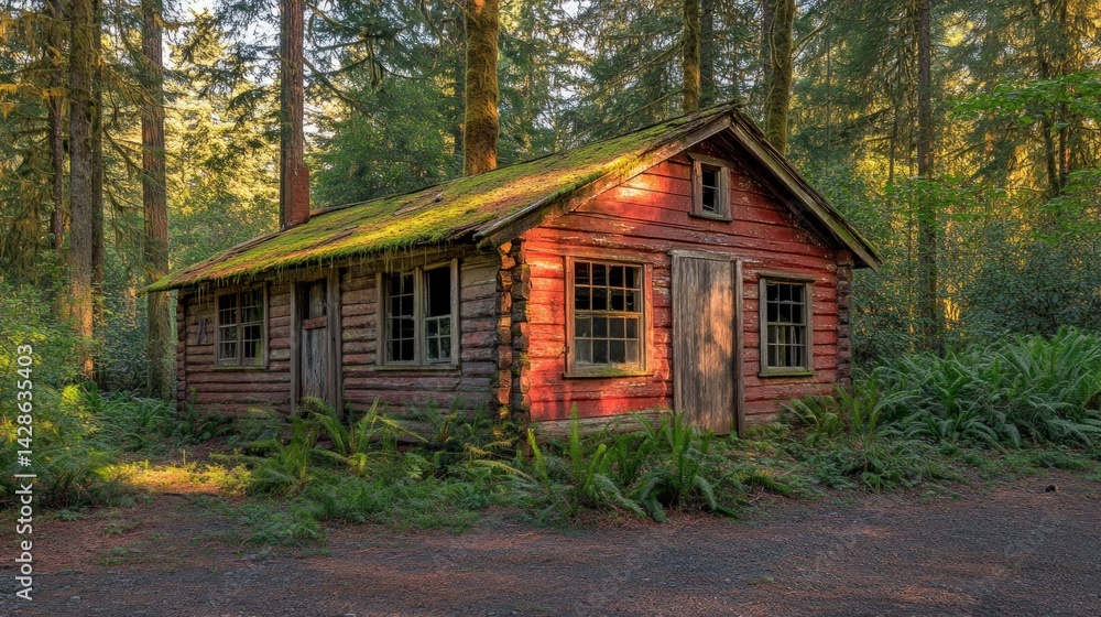 Rustic cabin nestled in a sunlit forest Rustic cabin nestled in a sunlit forest