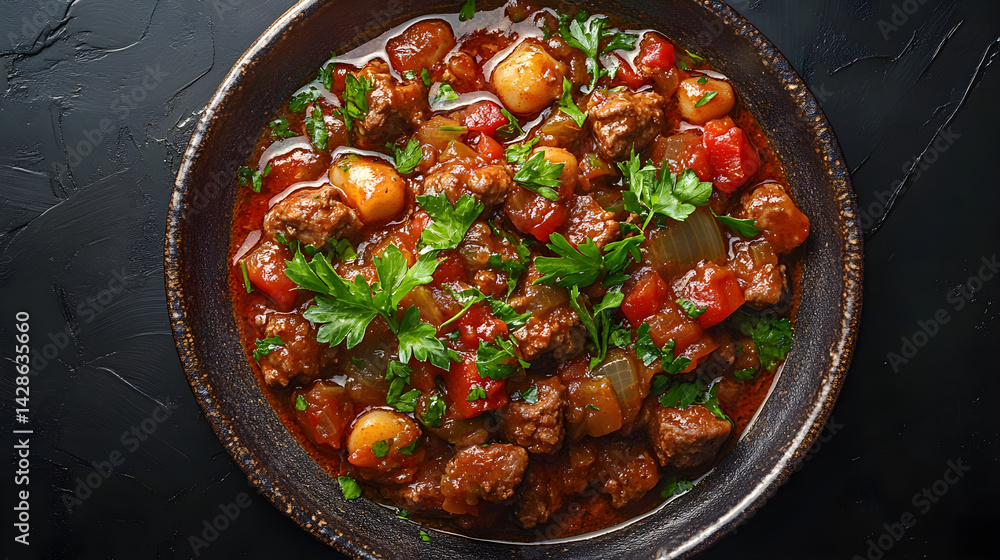 Goulash served on dark grey textured plate with fresh garnish top view
