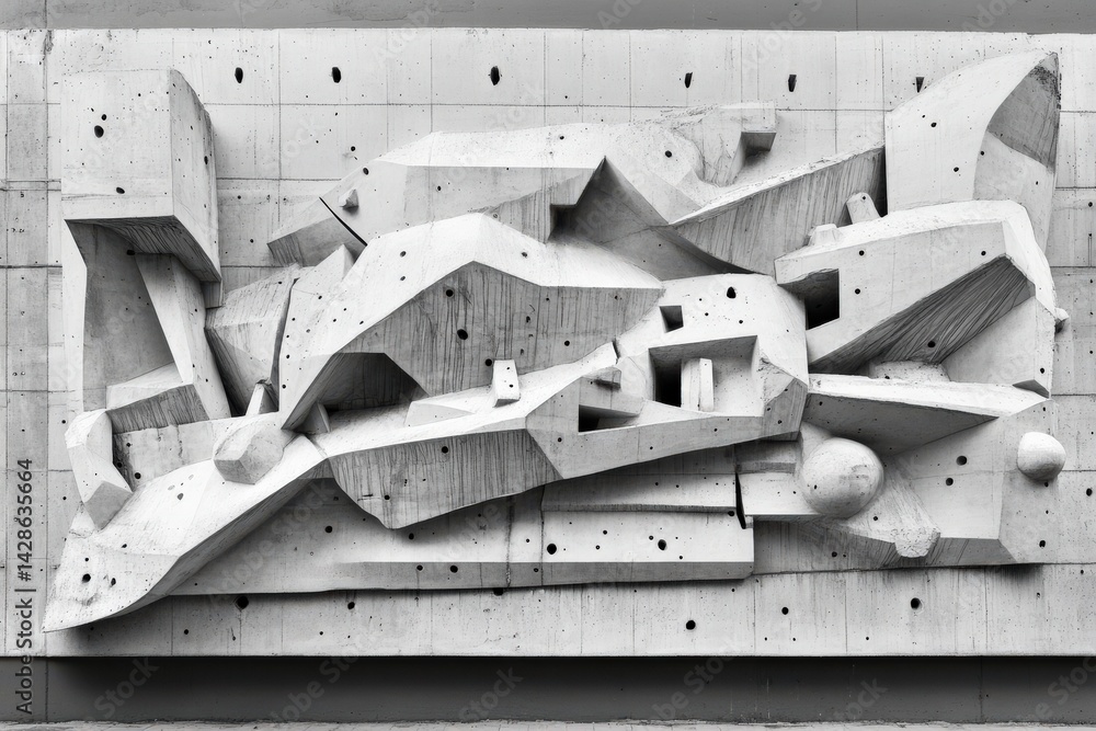Abstract White Concrete Sculpture with Textured Geometric Forms
