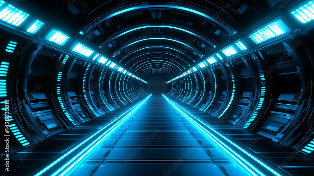 A futuristic tunnel illuminated by vibrant blue lights, creating a sense of depth and advanced technology. A futuristic tunnel illuminated by vibrant blue lights, creating a sense of depth and advanced technology.
