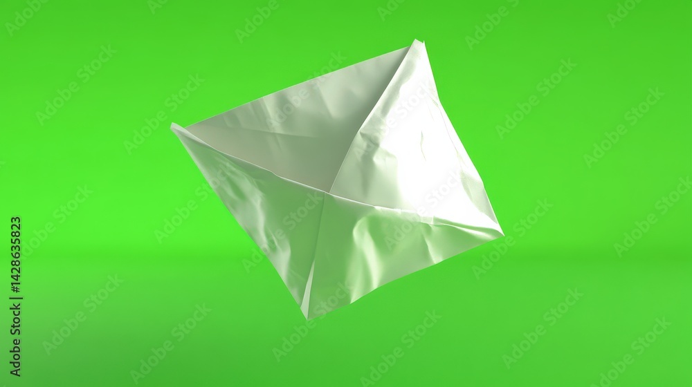 Abstract White Paper Object Floating on Bright Green Background