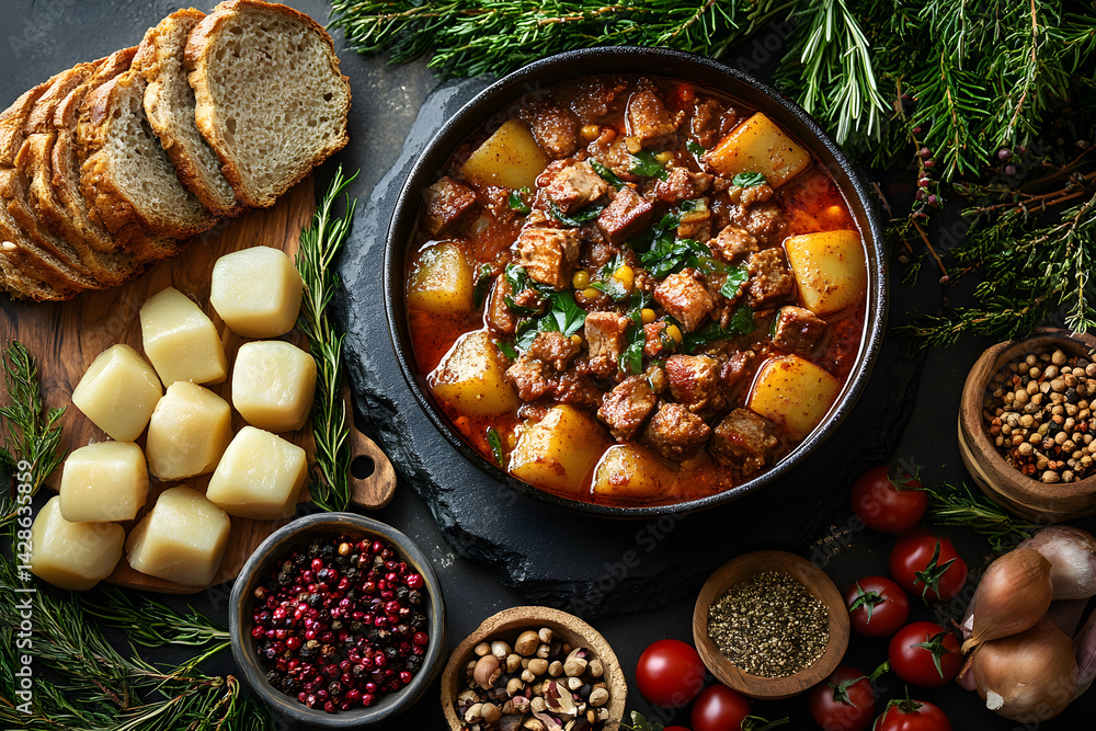Goulash styled on rustic black stone table with side ingredients