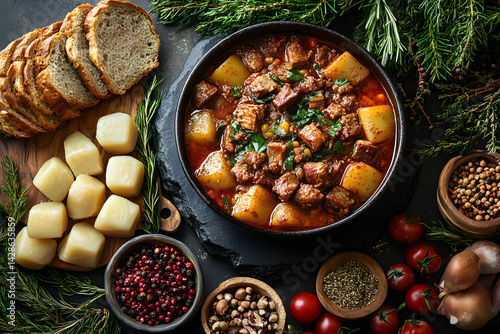 Obraz na płótnie Goulash styled on rustic black stone table with side ingredients w salonie