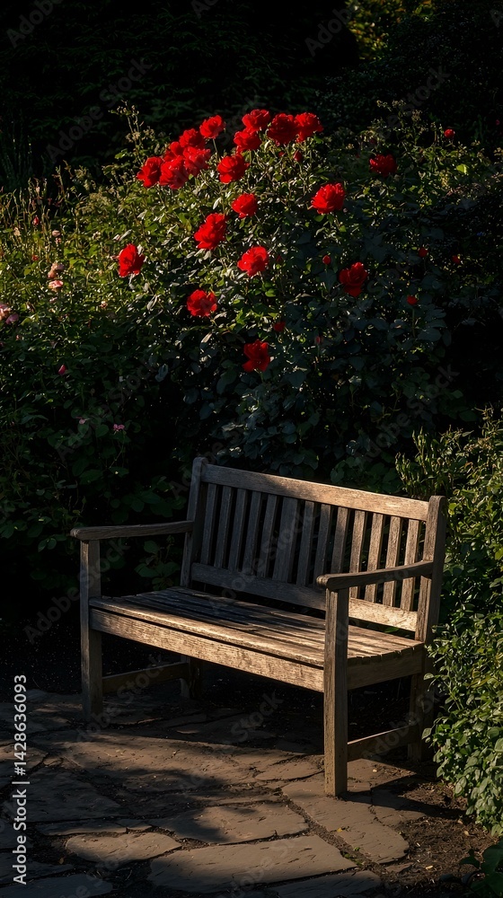 Fototapeta premium Serene garden bench beneath vibrant red roses bathed in sunlight. Perfect for relaxation, peace, and tranquility.
