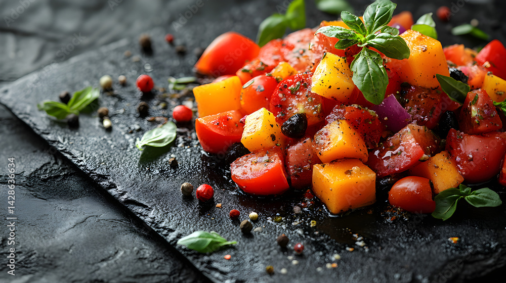 Greek Salad presented on a black textured surface with elegant side garnishing