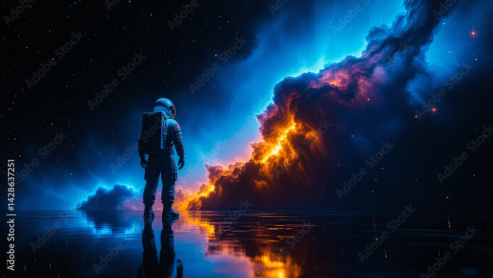 Fototapeta premium Astronaut Contemplates Nebula on Distant Planet with Reflective Surface
