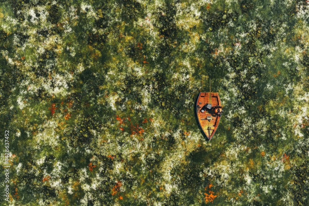 Aerial View of a Lone Boat on a Colorful Green and Brown Landscape