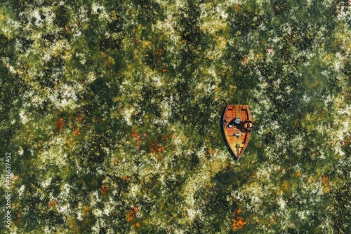 Obraz na płótnie Aerial View of a Lone Boat on a Colorful Green and Brown Landscape w salonie