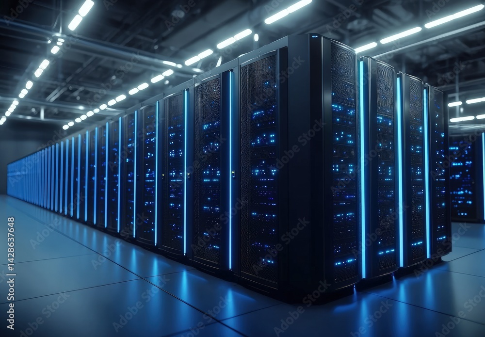 © TommyNa - Modern data center interior featuring rows of glowing blue server racks under bright ceiling lights. Great for tech presentations, cybersecurity visuals, and IT infrastructure content