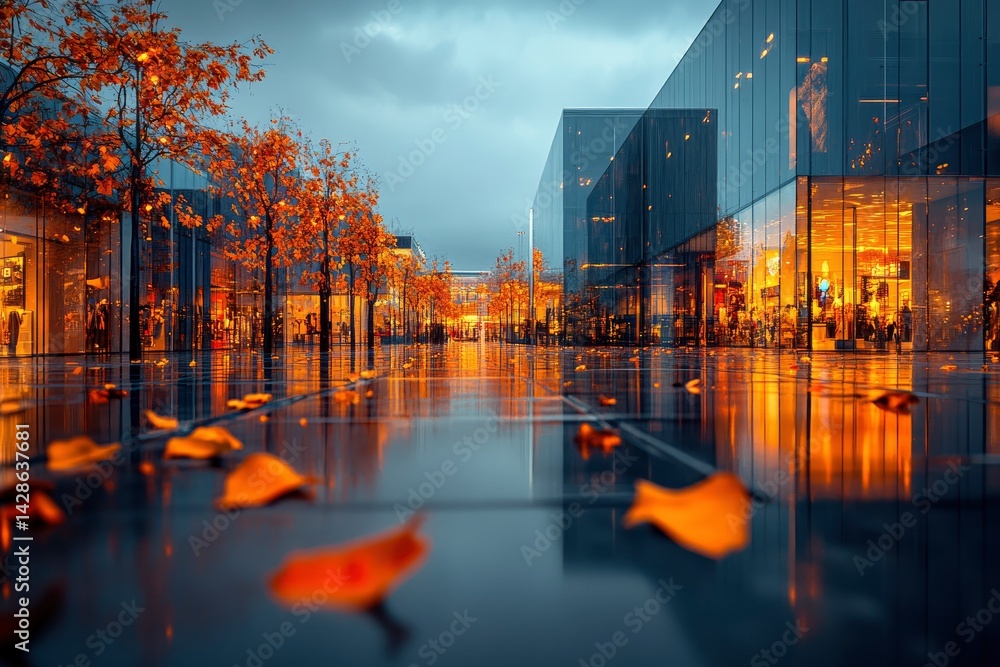 Obraz premium A modern urban scene with autumn foliage reflecting on wet pavement at dusk.