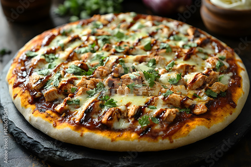 Obraz na płótnie Grilled BBQ chicken pizza with cheese and fresh cilantro on a pizza stone w salonie