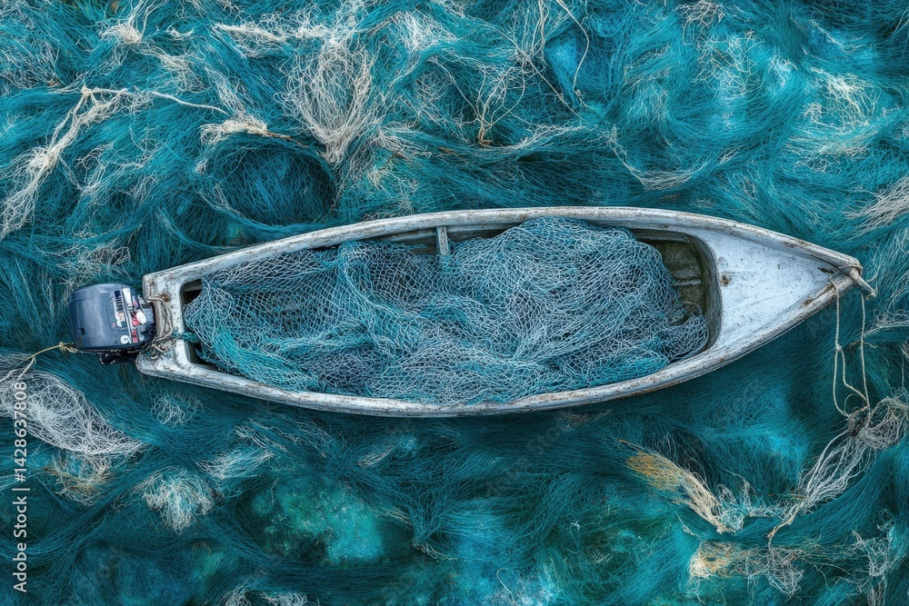Aerial View of Fishing Boat with Net in Vibrant Turquoise Waters