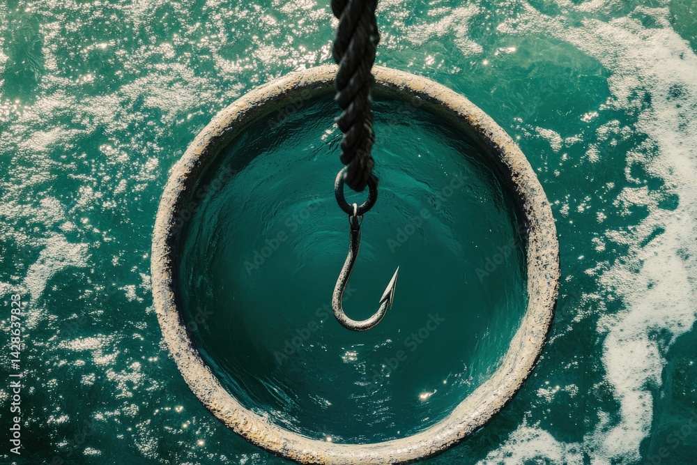 Aerial View of Fishing Hook Over Calm Ocean Water Surface