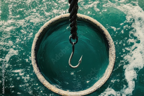 Obraz na płótnie Aerial View of Fishing Hook Over Calm Ocean Water Surface w salonie