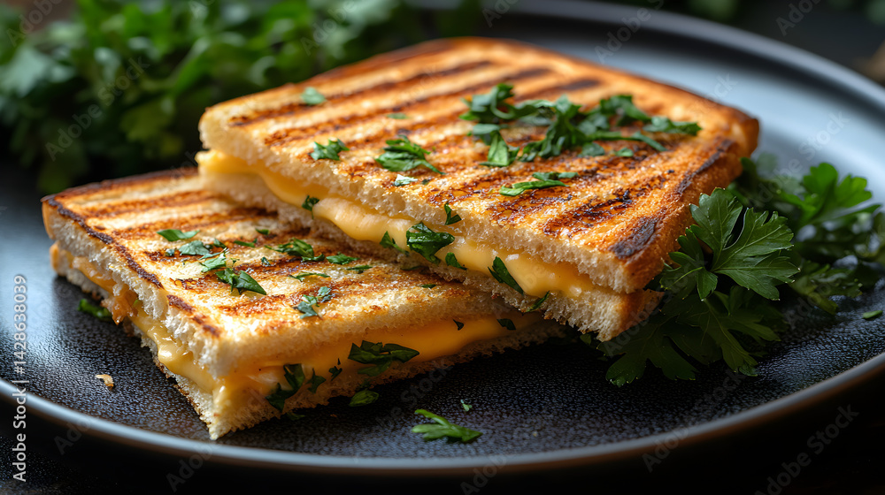 Grilled Cheese Sandwich served on dark grey textured plate with fresh garnish top view