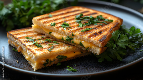 Obraz na płótnie Grilled Cheese Sandwich served on dark grey textured plate with fresh garnish top view w salonie
