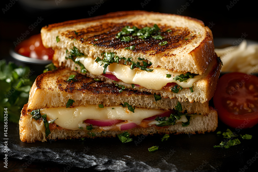 Grilled Cheese Sandwich styled on rustic black stone table with side ingredients