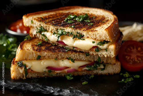 Obraz na płótnie Grilled Cheese Sandwich styled on rustic black stone table with side ingredients w salonie