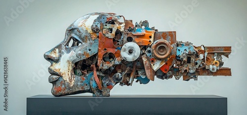 Sculptural human face artwork made from repurposed industrial scrap metal parts