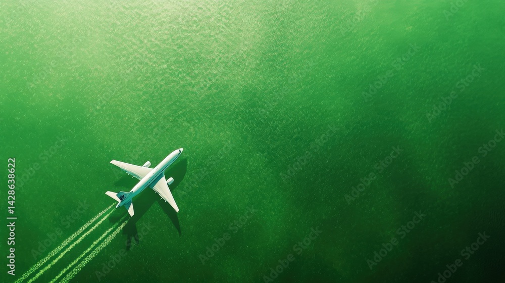 Airplane Flying Over Vibrant Green Water with Contrail Effect