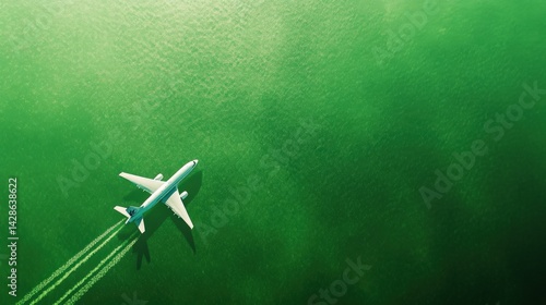 Obraz na płótnie Airplane Flying Over Vibrant Green Water with Contrail Effect w salonie
