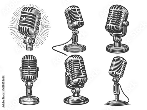 microphones for music, podcasting, broadcasting, or retro audio themes Set collection bundle sketch engraving generative ai vector illustration. Scratch board imitation. Black and white image.