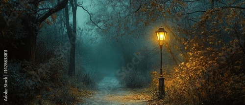 A lone street lamp illuminates a misty path in a dense forest.