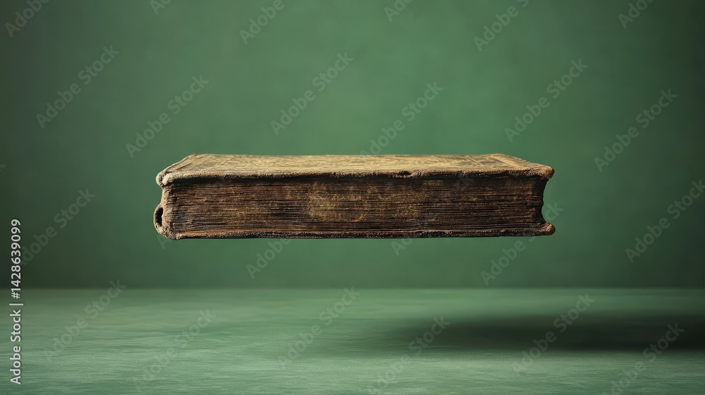 Antique Book Suspended in Air with Soft Green Background