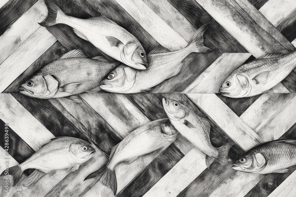 Artistic Black and White Fish Illustration on Wood Background
