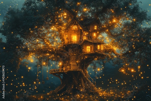 Enchanted treehouse glowing with lights in a mystical forest at twilight, inviting exploration