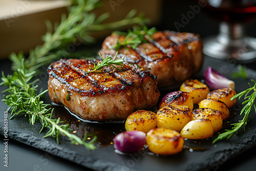 Grilled Lamb Chops styled on dark grey background with clean plating and props