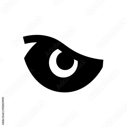 Black and white graphic of an eye with a crescent moon shape in the center of the eye design icon art