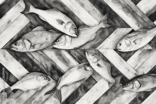 Obraz na płótnie Artistic Black and White Fish Illustration on Wood Background w salonie