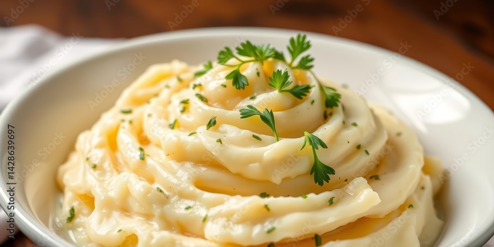Creamy mashed potatoes in a white bowl, garnished with fresh green herbs , eating, culinary Creamy mashed potatoes in a white bowl, garnished with fresh green herbs , eating, culinary