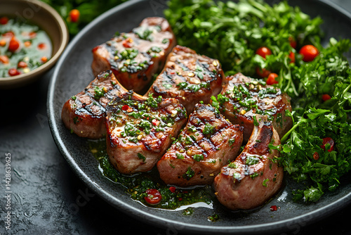 Obraz na płótnie Grilled Lamb Chops styled on dark grey background with clean plating and props w salonie